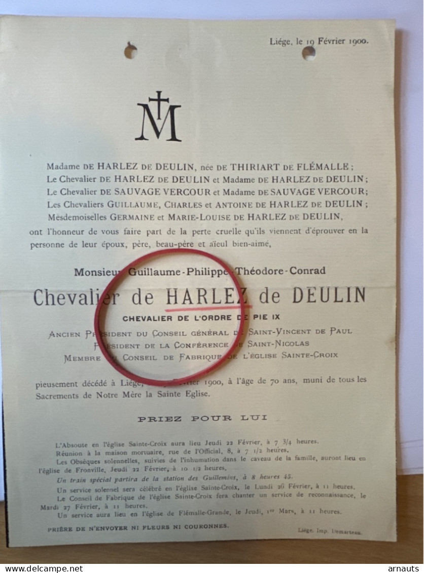 Me Guillaume Chevalier De Harlez De Deulin Ordre De PiE IX *1830+1900 Liege Fronville De Thiriart De Flemalle De Sauvage - Décès