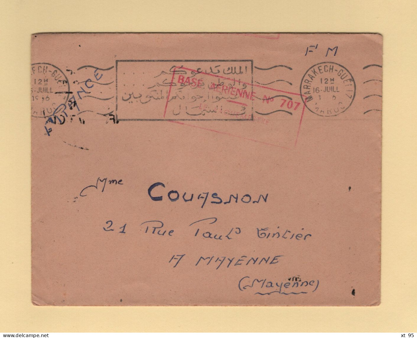 Maroc Marrakech Gueliz - 1962 - Base Aerienne N°707 - FM Pour La France - Covers & Documents