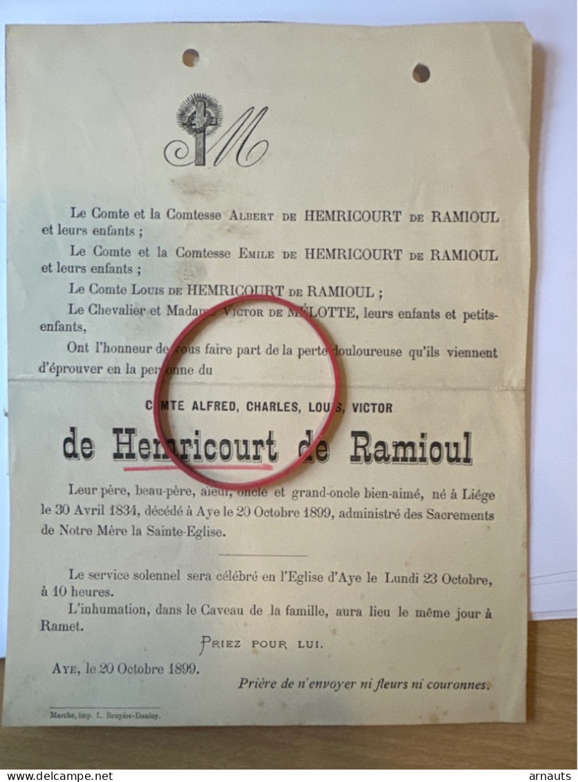 Comte Alfred Charles Louis Victor De Hemricourt De Ramioul *1834 Liege +1899 Aye Ramet Marche De Melotte - Décès