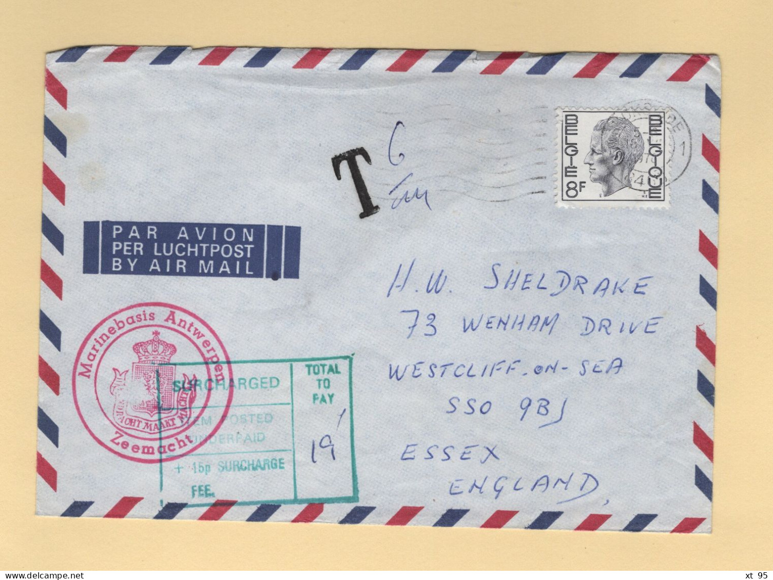 Belgique - Marinebasis Antwerpen - 1974 - Destination Angleterre - Lettre Taxee - Brieven En Documenten