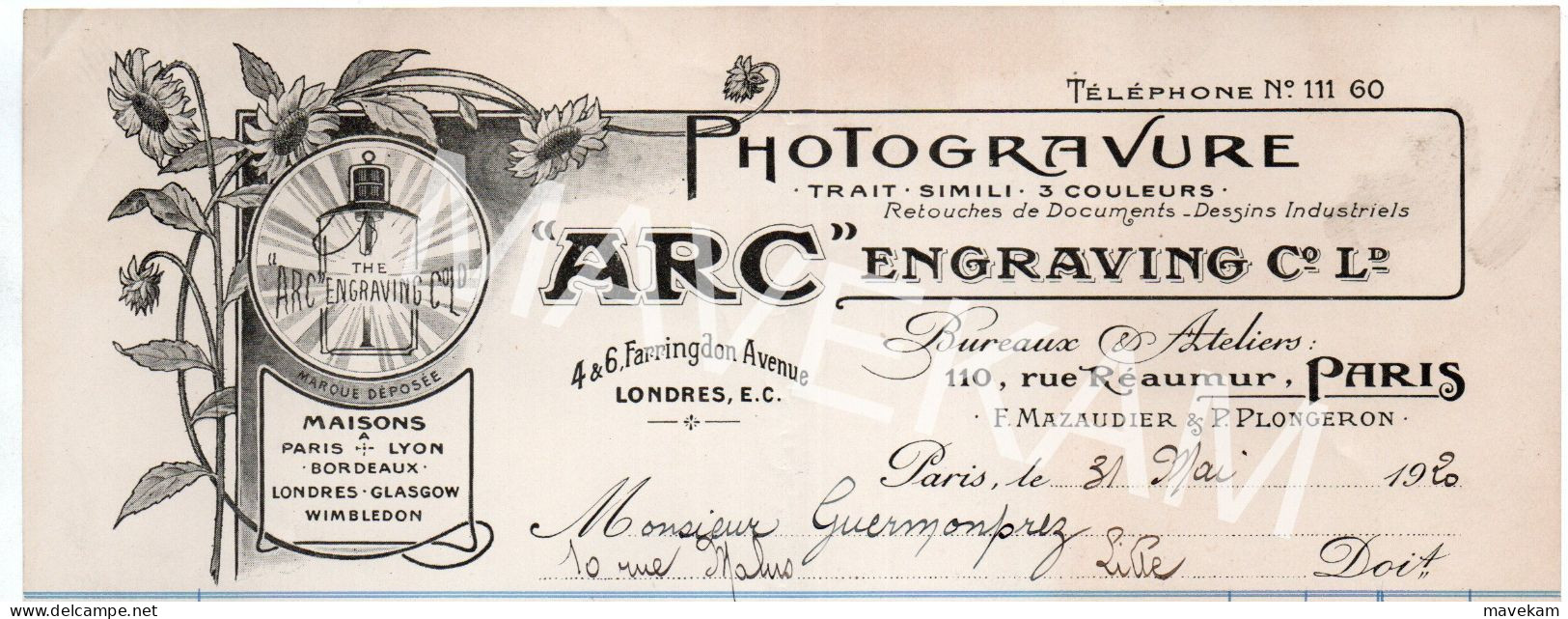 Facture Publicitaire  1920 Photogravure " ARC "  Engraving Co-Ld   110, Rue Réaumur Paris Londres  " - Imprimerie & Papeterie