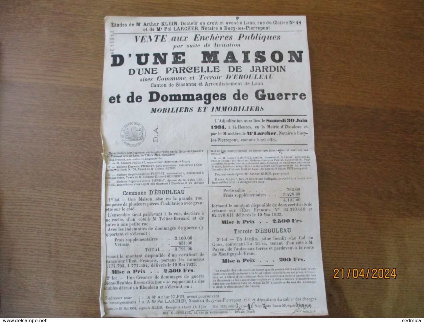 EBOULEAU LE 30 JUIN 1934 VENTE AUX ENCHERES PUBLIQUES D'UNE MAISON,D'UNE PARCELLE DE JARDIN CACHET 8F D.A. 35cm/25cm - Plakate