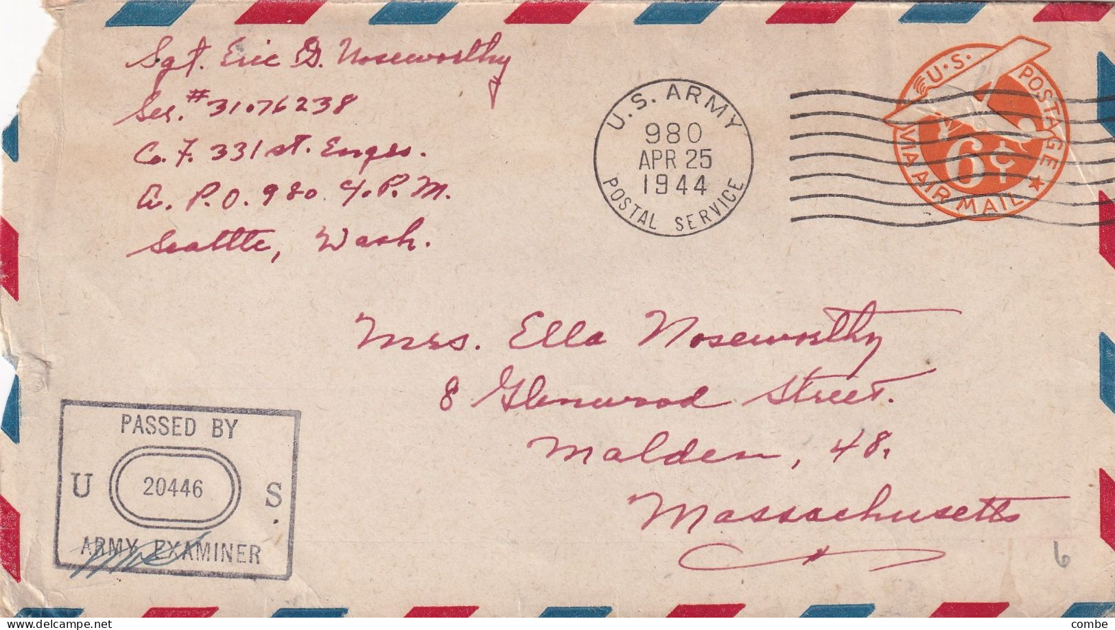 COVER USA.  25 APRIL 1944. APO 980. ADAK ISLAND ALASKA. PASSED BY EXAMINER. TO MALDEN. MASSACHUSETTS - Brieven En Documenten