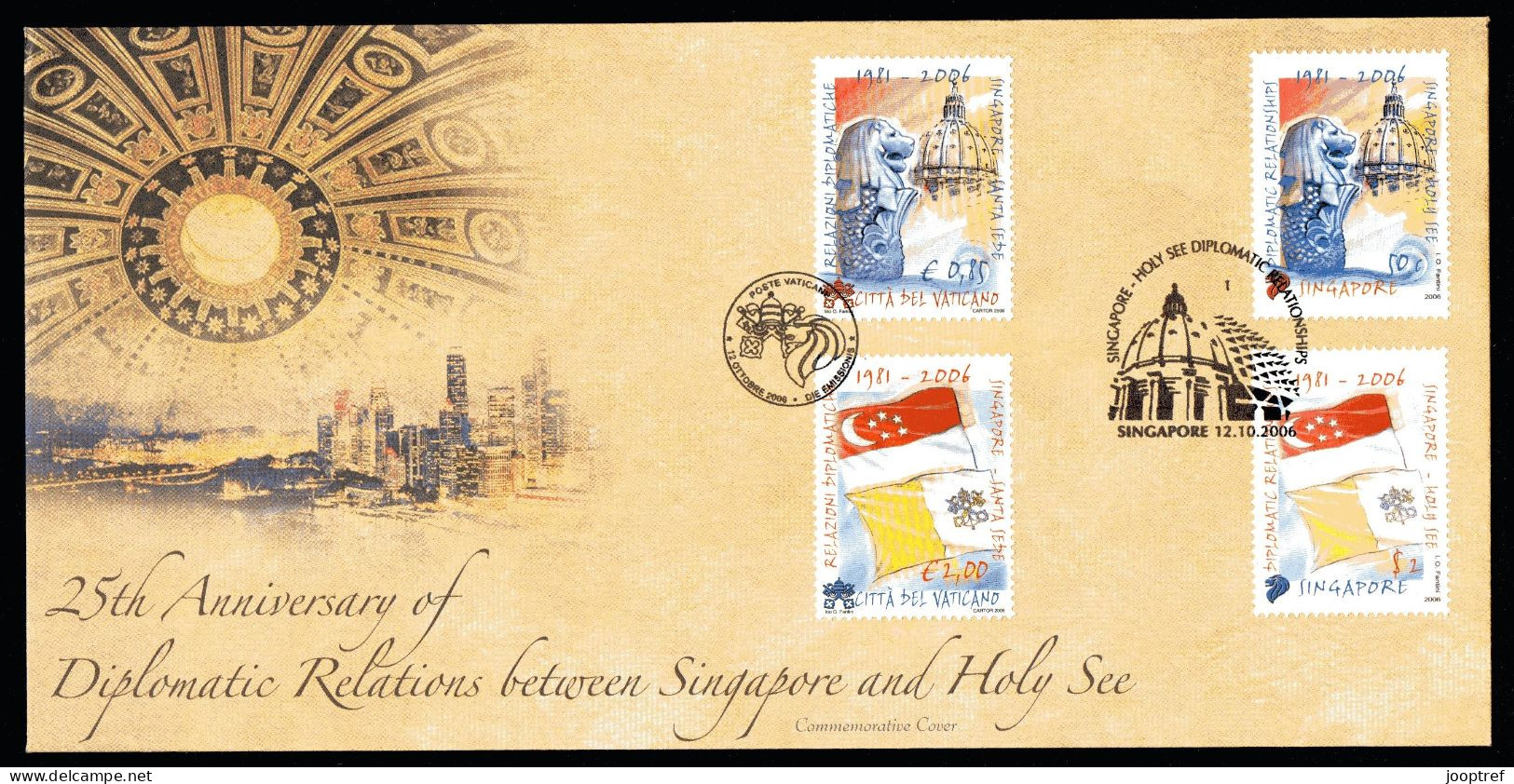 2006 Joint / Congiunta Singapore And Vatican, MIXED FDC SINGAPORE WITH 2+2 STAMPS: Relationship - Emissioni Congiunte