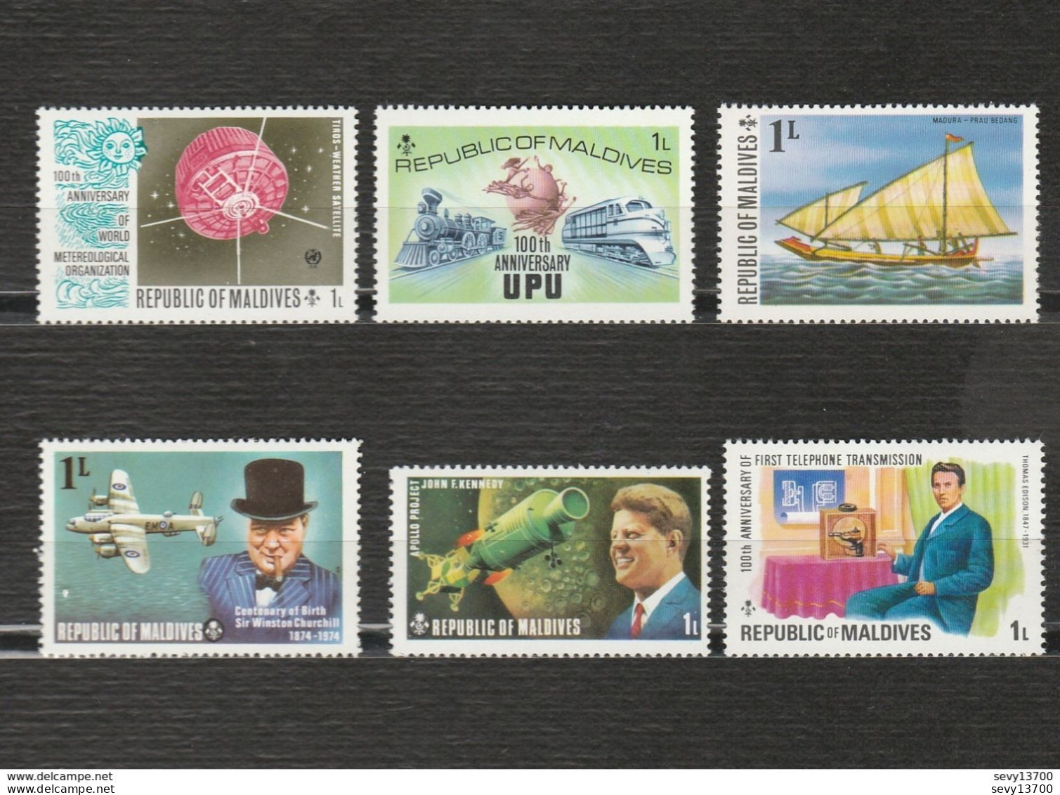 Maldives Lot 20 Timbres Neufs Edison Kennedy Churchill Satelitte Méteo 100 Ans UPU - Foot Ball - Fleurs - Malediven (1965-...)