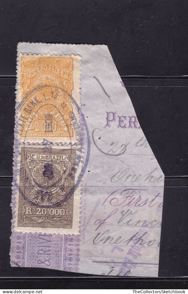 Brazil Revenue  Stamps,  Treasury , On A Piece , 2 Stamps, With Two Italian Stamps On The Reverse - Otros & Sin Clasificación