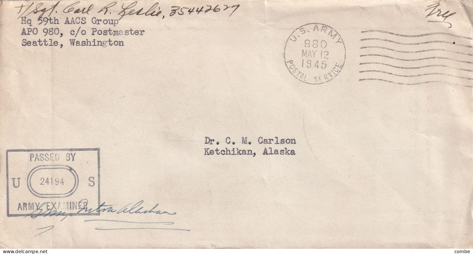 COVER USA.  12 MAY 1945. APO 980. ADAK ISLAND ALASKA. PASSED BY EXAMINER. TO KETCHIKAN. ALASKA - Cartas & Documentos