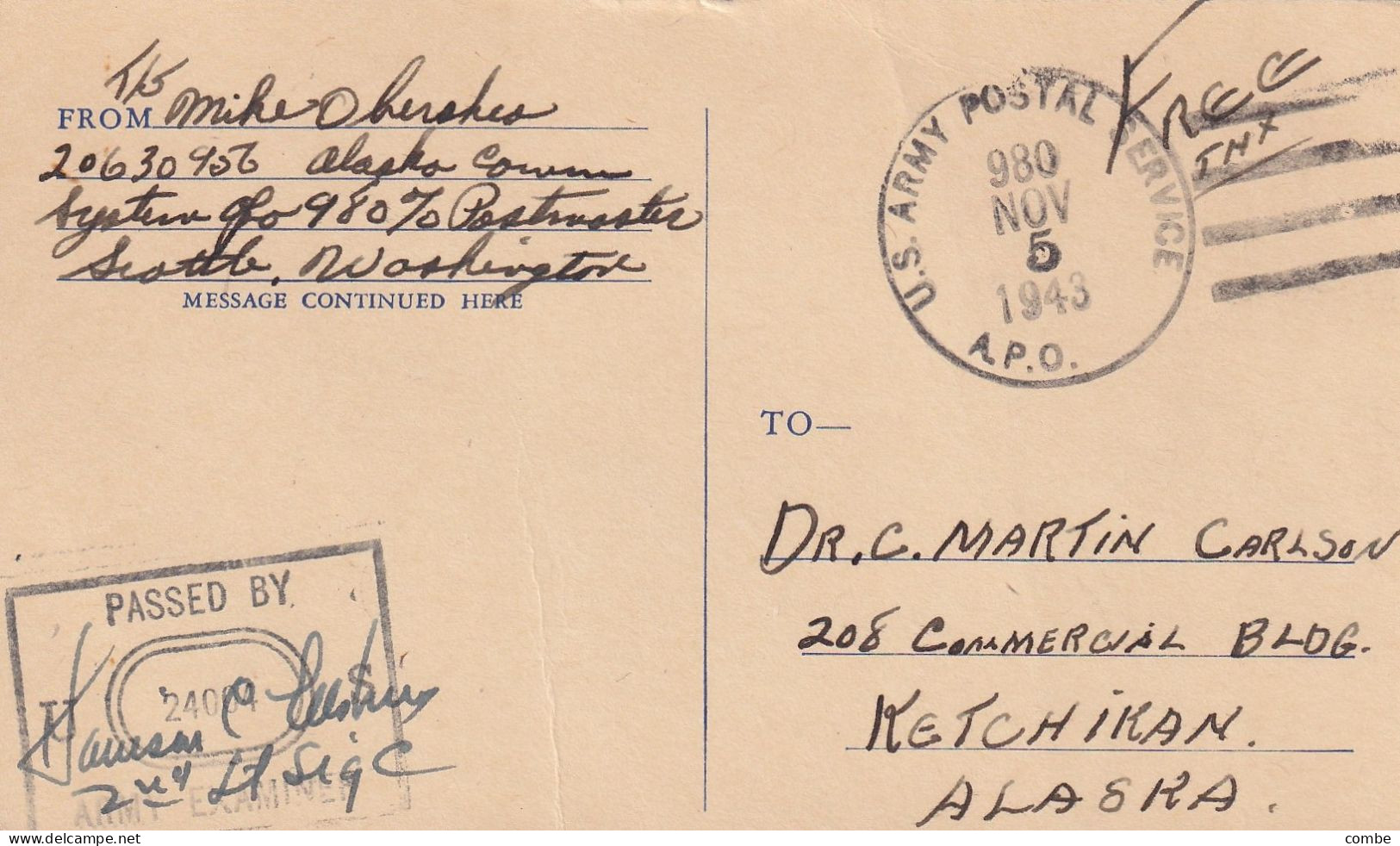 POSTCARD. USA.  5 NOV 1943. APO 980. ADAK ISLAND ALASKA. PASSED BY EXAMINER. TO KETCHIKAN. ALASKA - Cartas & Documentos