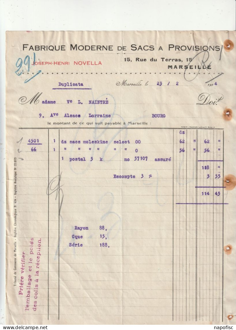 13-J.H.Novella.....Fabrique Moderne De Sacs à Provisions ....Marseille...(Bouches-du-Rhône)...1924 - Sonstige & Ohne Zuordnung