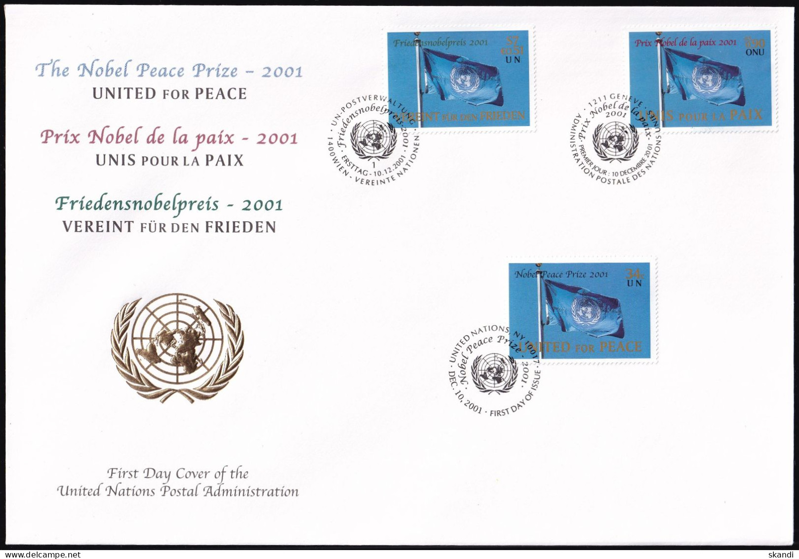 UNO NEW YORK - WIEN - GENF 2001 TRIO-FDC Friednsnobelpreis 2001 - Emissions Communes New York/Genève/Vienne