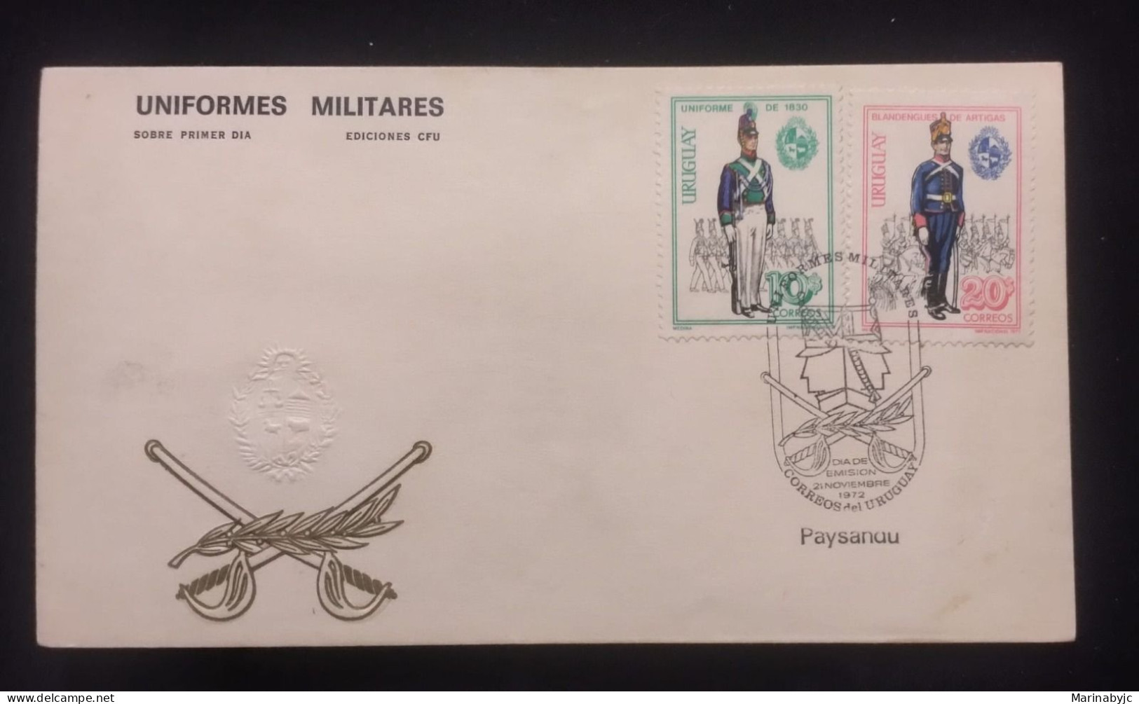 D)1972, URUGUAY, FIRST DAY COVER, ISSUE, MILITARY UNIFORMS OF 1830, BLANDENGUES DE ARTIGAS, FDC, - Uruguay