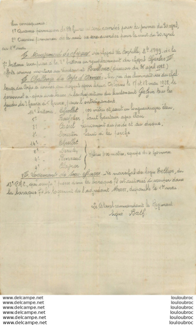 DOCUMENT DU 13e R.A.C. REGIMENT ARTILLERIE DE CAMPAGNE DECISION DU 29/04/1922 CITE DES INHUMATIONS 1915 - 1914-18