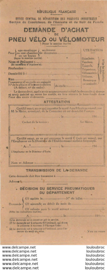 DEMANDE D'ACHAT DE PNEU VELO OU VELOMOTEUR  OFFICE CENTRAL DE REPARTITION DES PRODUITS INDUSTRIELS - Historische Dokumente