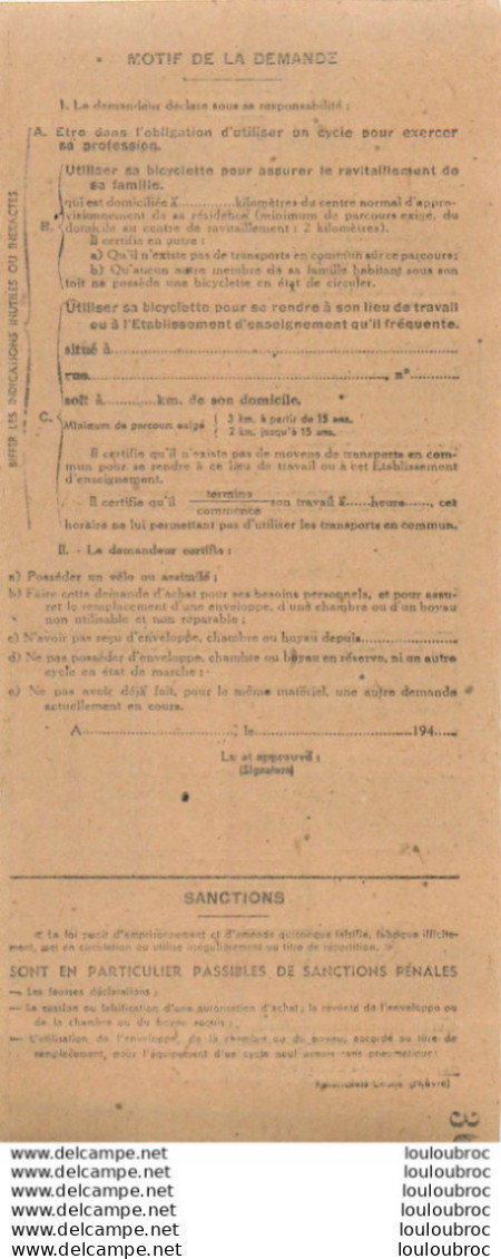 DEMANDE D'ACHAT DE PNEU VELO OU VELOMOTEUR  OFFICE CENTRAL DE REPARTITION DES PRODUITS INDUSTRIELS - Historische Dokumente
