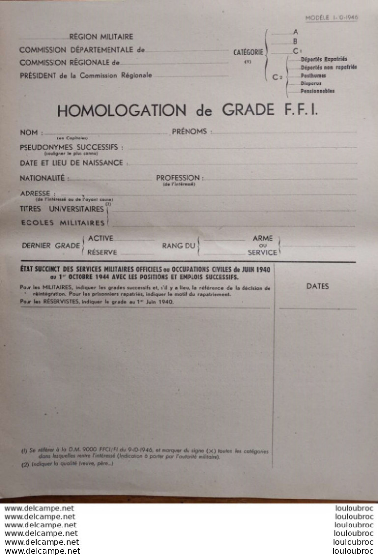 HOMOLOGATION DE GRADE F.F.I. DOCUMENT DE 6 PAGES PARFAIT ETAT - 1939-45