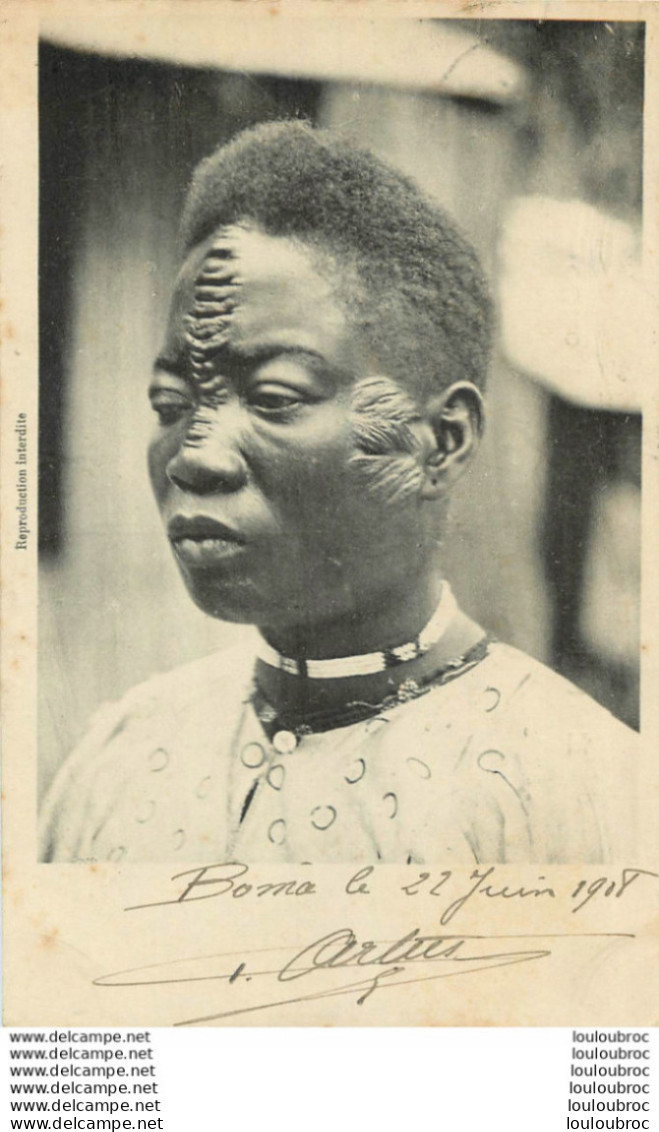CARTE PHOTO ENVOYEE DE BOMA EN 1908  FEMME AVEC SCARIFICATIONS - Congo Belga