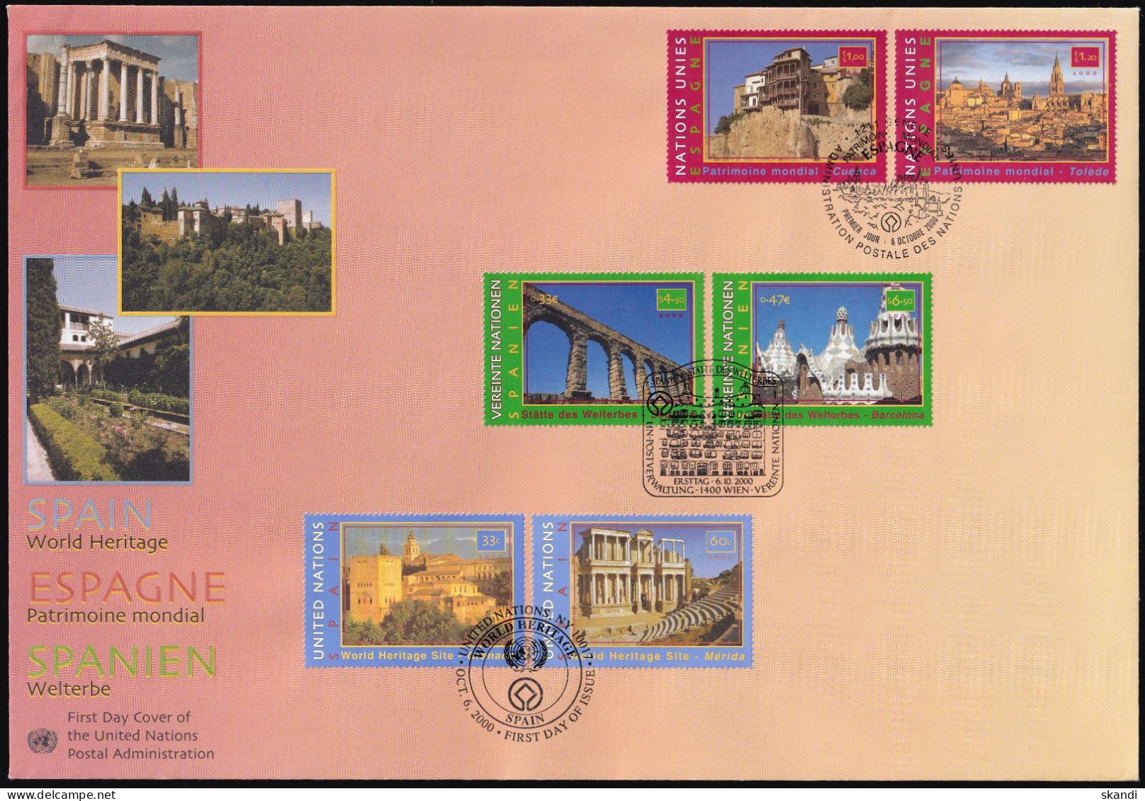 UNO NEW YORK - WIEN - GENF 2000 TRIO-FDC Welterbe Spanien - Gemeinschaftsausgaben New York/Genf/Wien