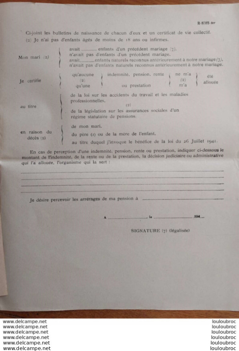 DEMANDE DE PENSION VEUVE OU ORPHELIN  DOCUMENT DE 10 PAGES PARFAIT ETAT - 1939-45