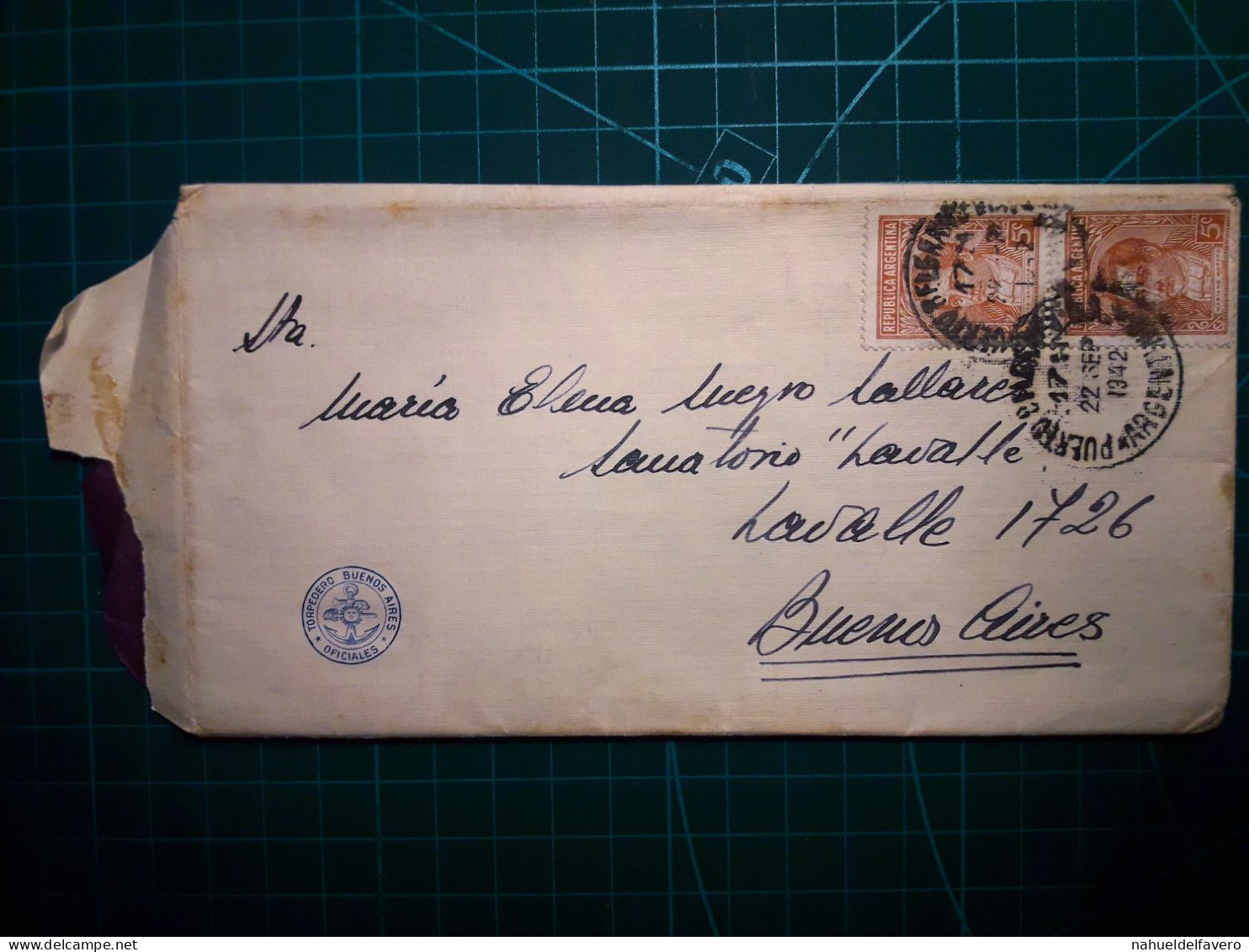 ARGENTINE, Enveloppe Distribuée Depuis Le Torpilleur Officiel De Buenos Aires Vers La Ville De Buenos Aires En 1942.. - Usados