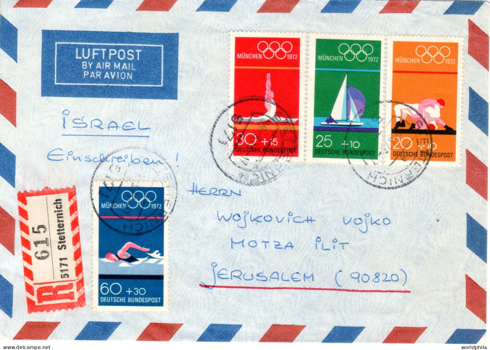 Deutschland To Israel 1972 Olympic Games Mi#719-22 Full Set Registered Mailed Cover VI - Sommer 1972: München