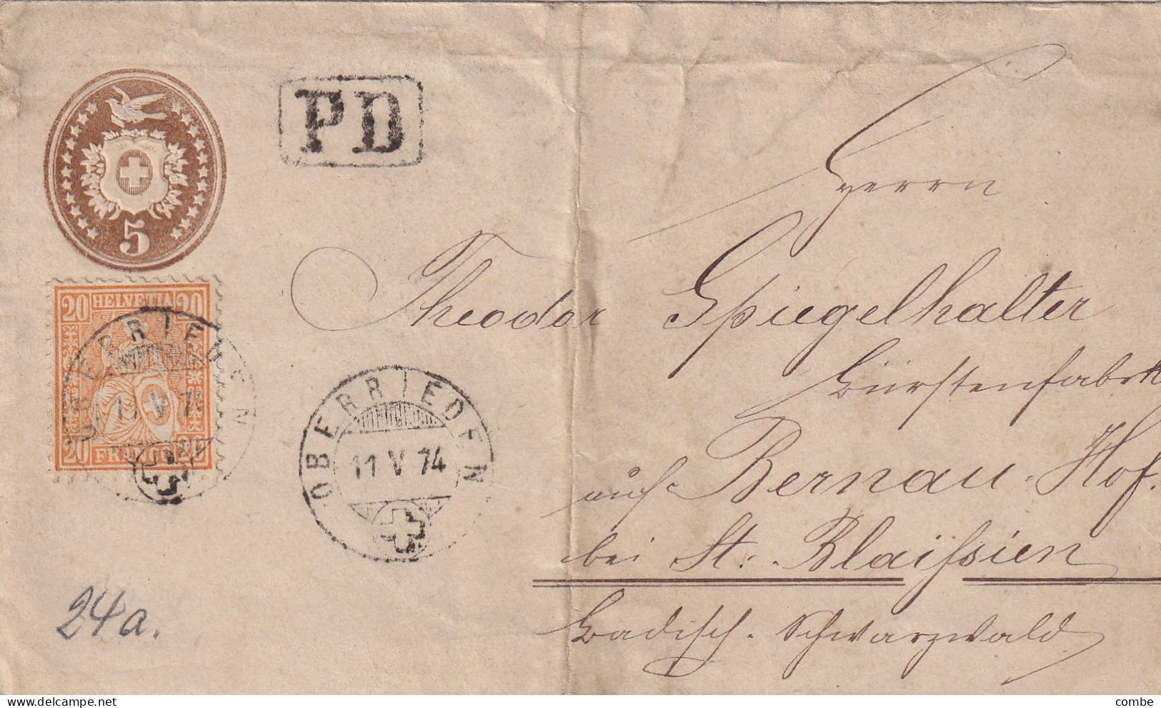 LETTRE. SUISSE. 11 MAI 1874. ENTIER 5c + 5c. PD. OBERRIEDEN. POUR ZURICH - Lettres & Documents