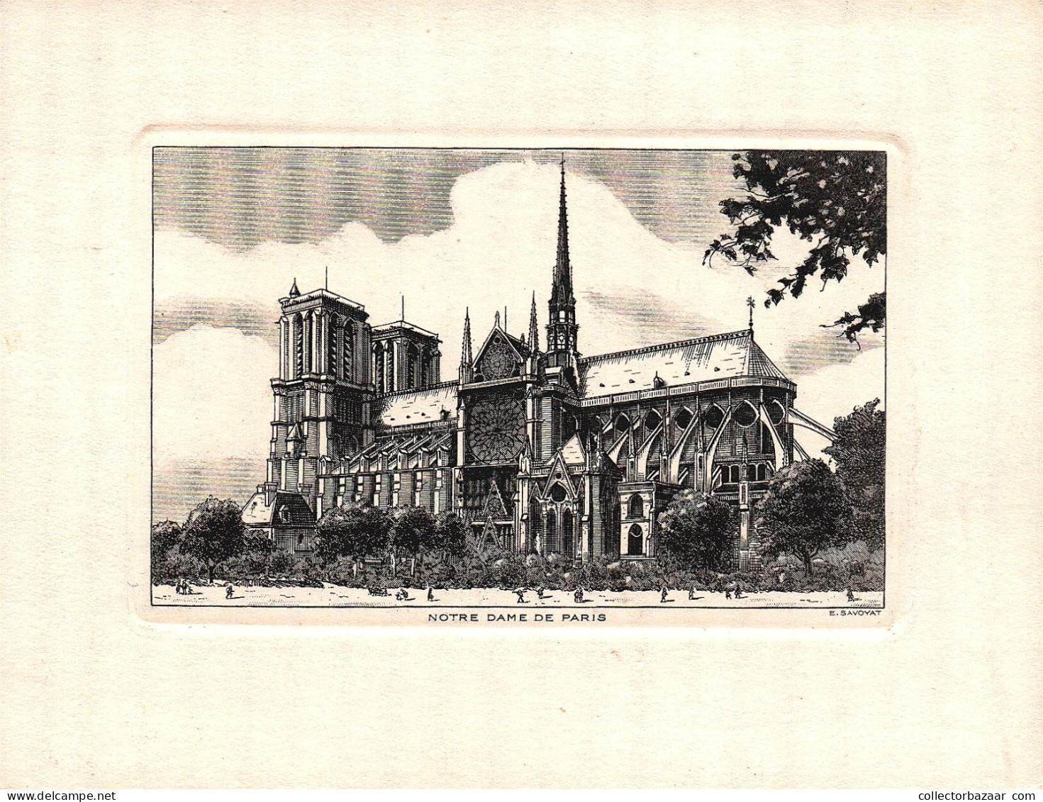 Notre Dame De Paris Cathedral Stuning Engraved Etching E Savoyat Ideal To Trame Small Format Postcard Like - History