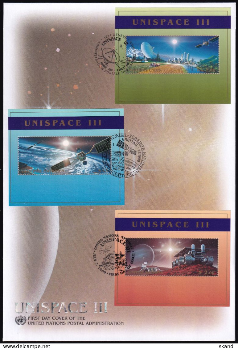 UNO NEW YORK - WIEN - GENF 1999 TRIO-FDC Unispace III - New York/Geneva/Vienna Joint Issues