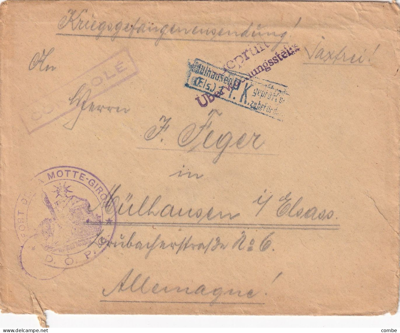 LETTRE. PRISONNIER. FORT DE LA MOTTE-GIRON. PRES DIJON. POUR MULHAUSEN. 3 CACHETS DE CONTROLE - Guerre De 1939-45