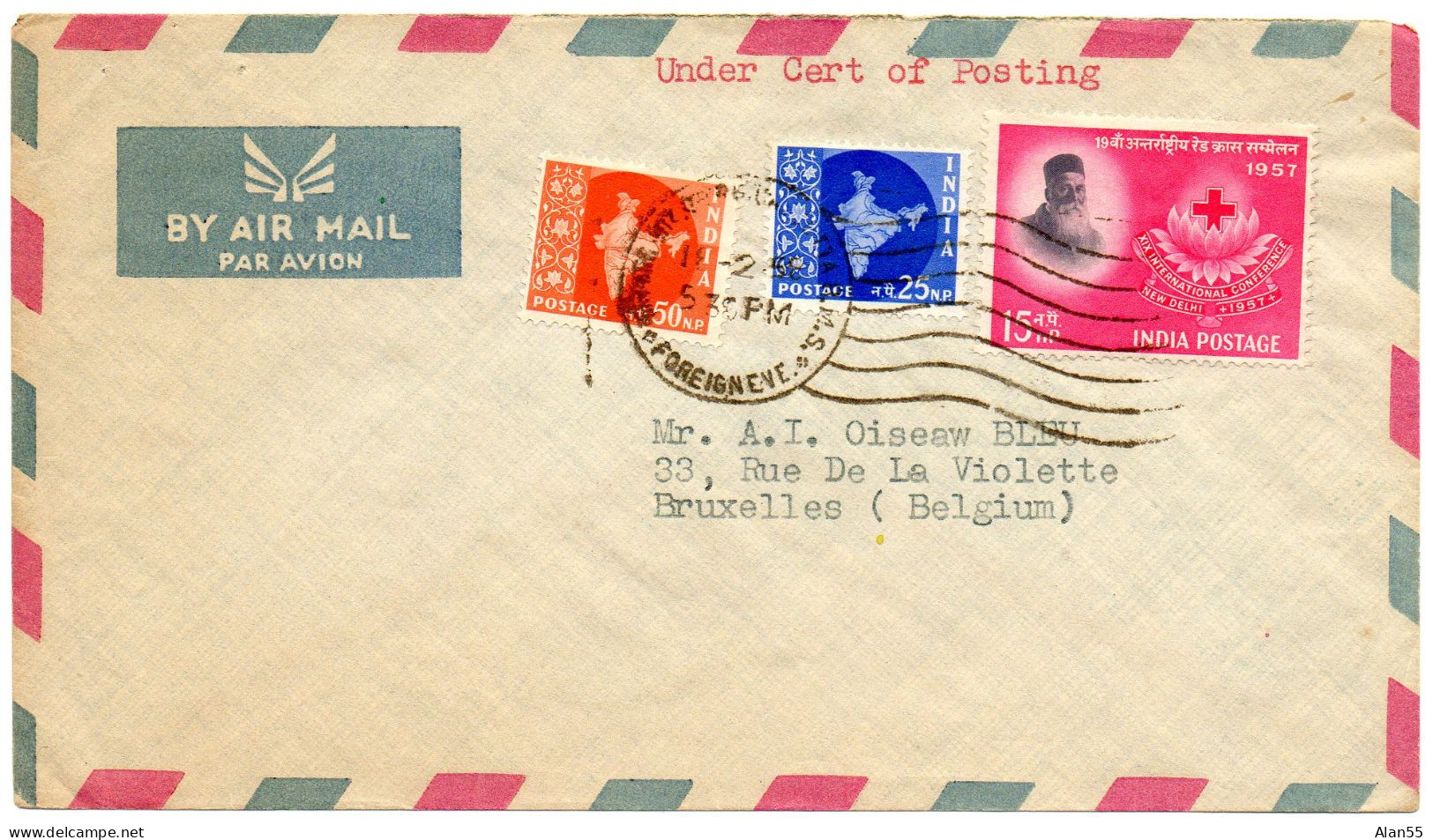 INDE.1958. LETTRE  Pour BELGIQUE. CROIX-ROUGE."HENRI DUNANT". - Croix-Rouge