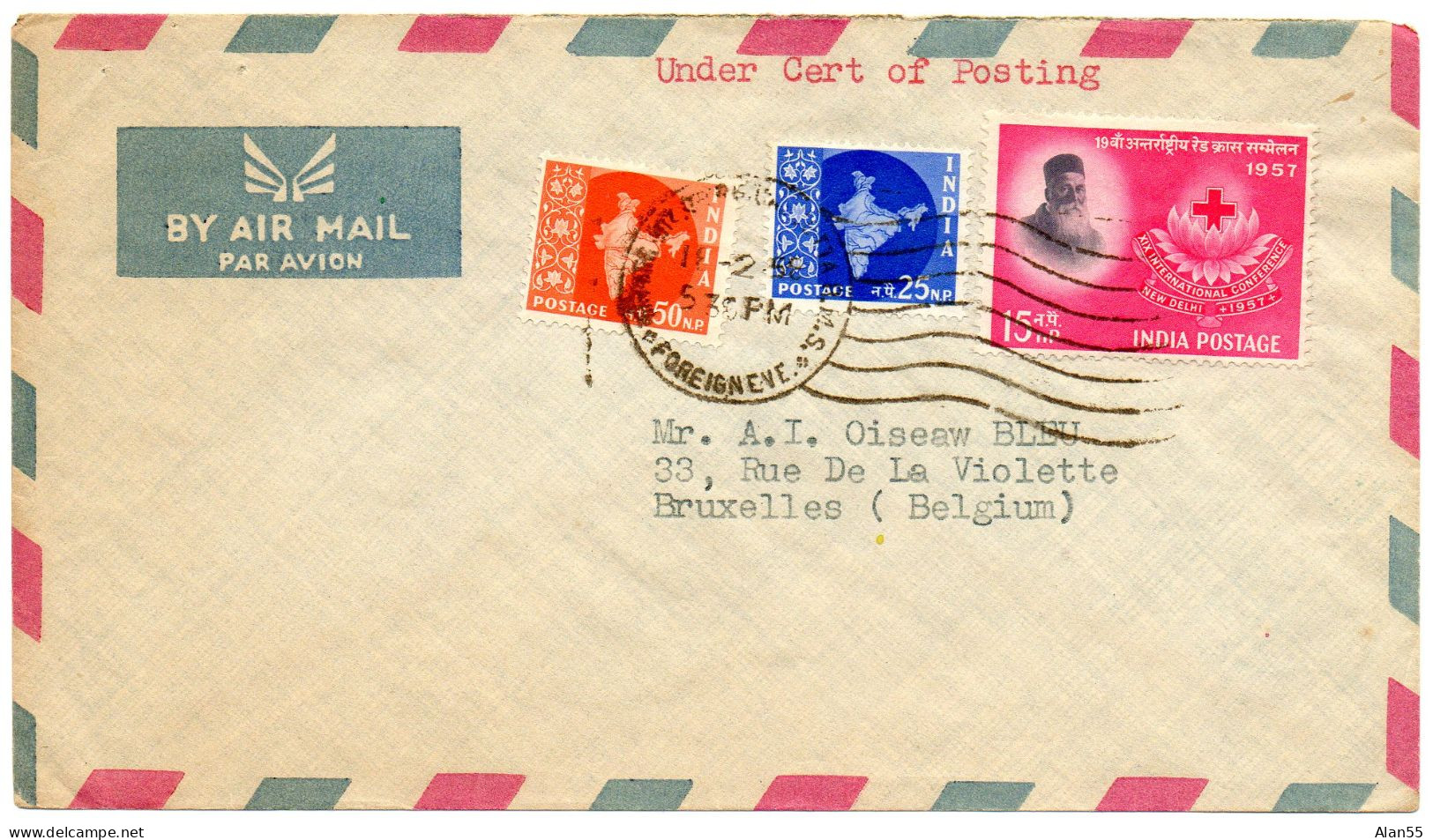 INDE.1958. LETTRE  Pour BELGIQUE. CROIX-ROUGE."HENRI DUNANT". - Croce Rossa