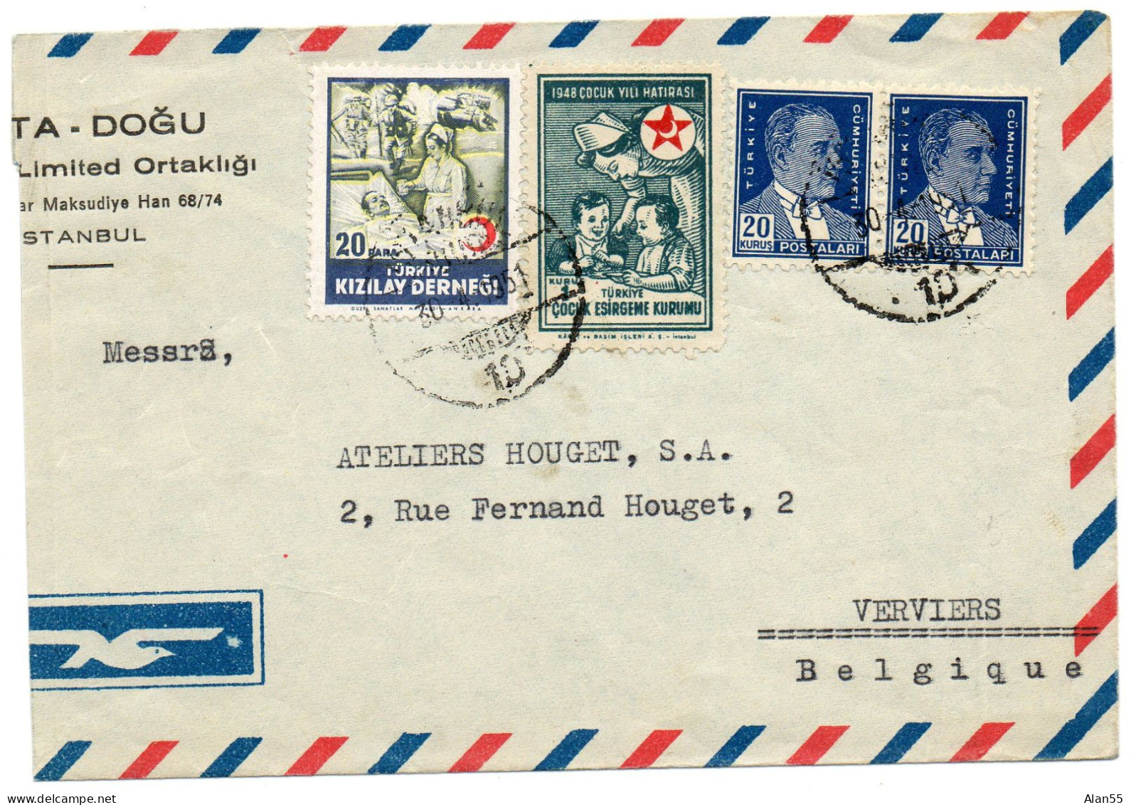 TURQUIE.1951. RED CRESCENT.BIENFAISANCE.LETTRE Pour BELGIQUE. - Briefe U. Dokumente