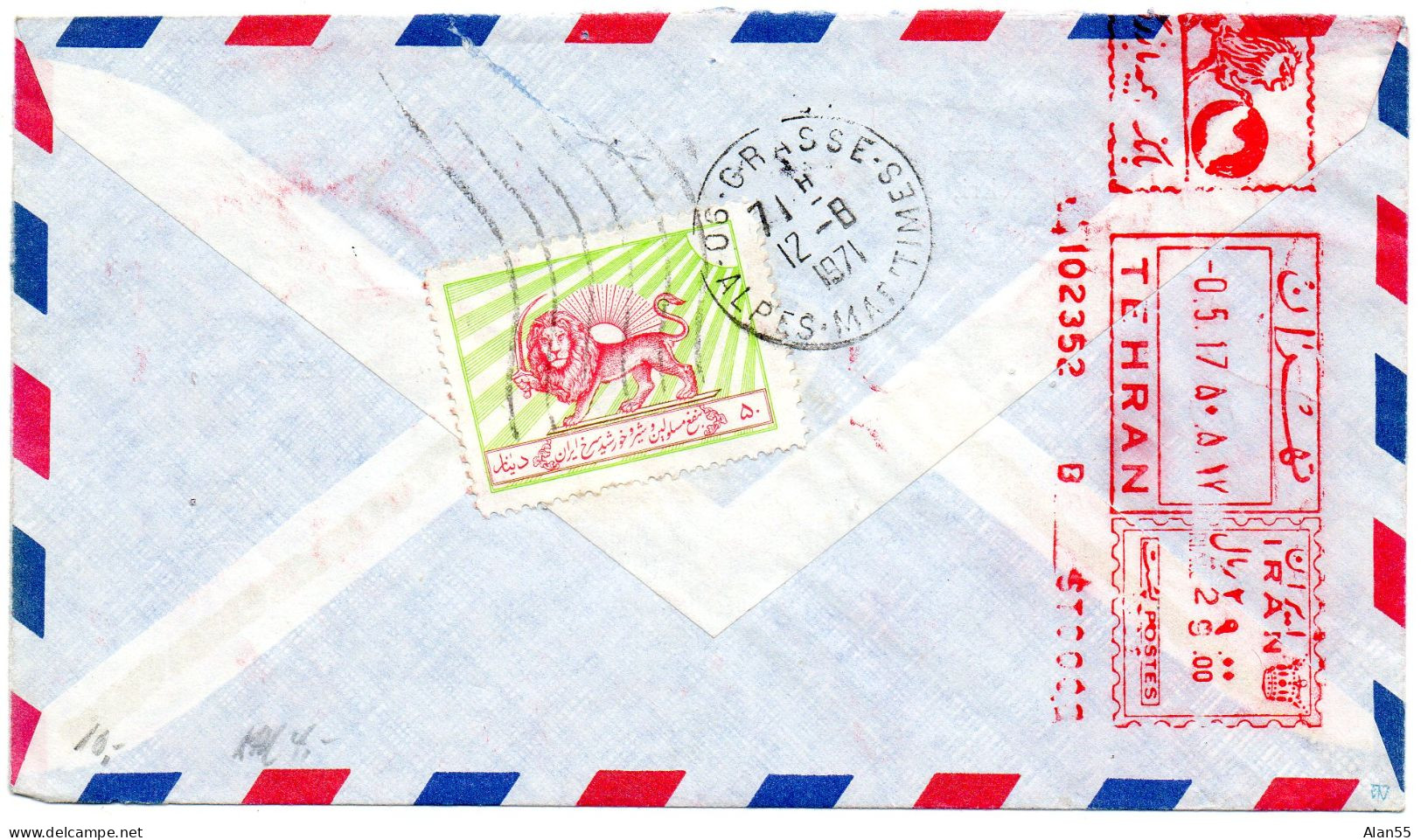 IRAN.1971.LETTRE REC. POUR LA FRANCE. VIGNETTE "LION ET SOLEIL ROUGE" - Irán