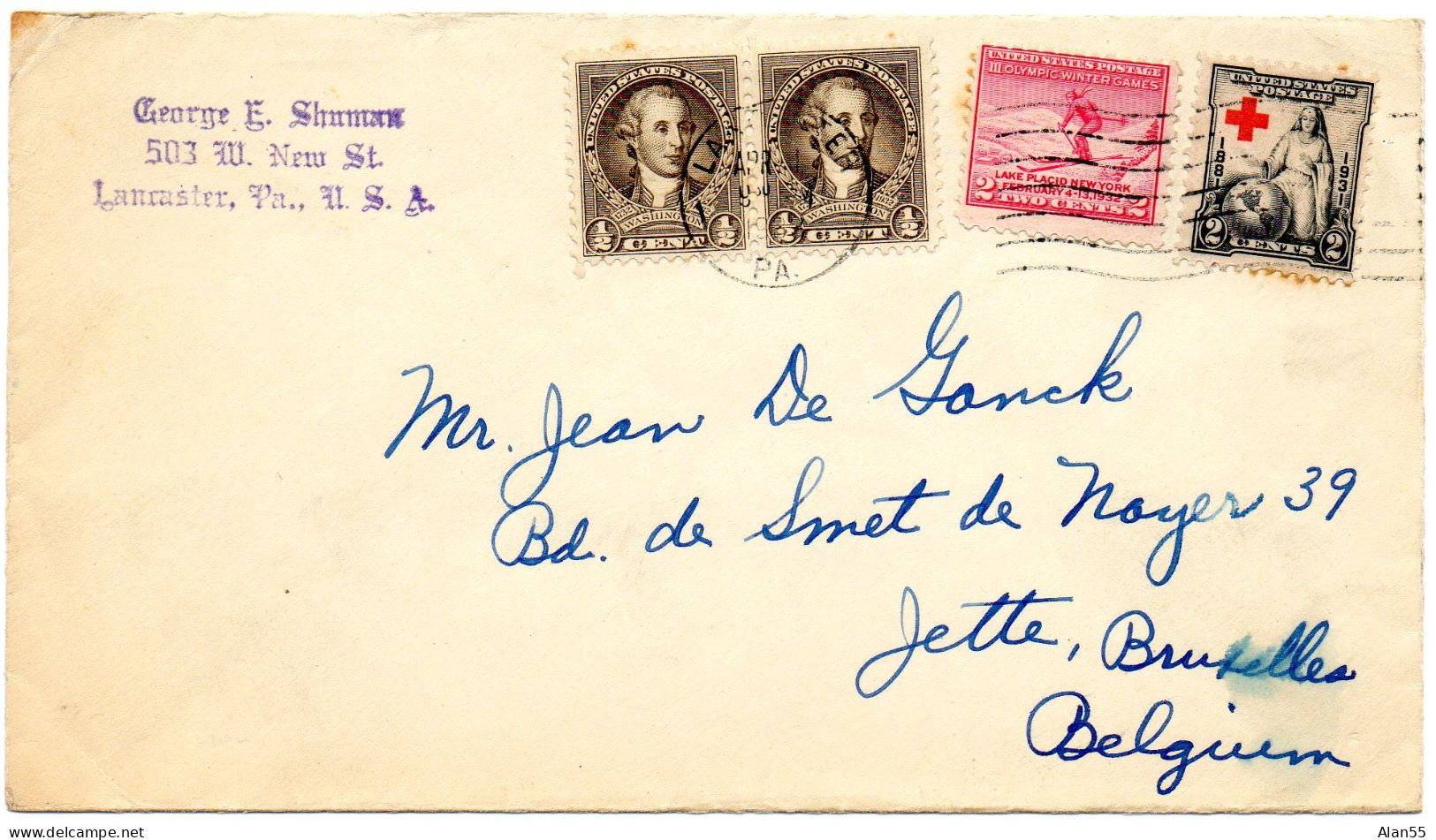 ETATS-UNIS.1931."LAKE PLACID" VARIETE PIQUAGE.LETTRE Pour BELGIQUE.THEMES: CROIX-ROUGE.SPORT.PERSONNALITE. - Croce Rossa