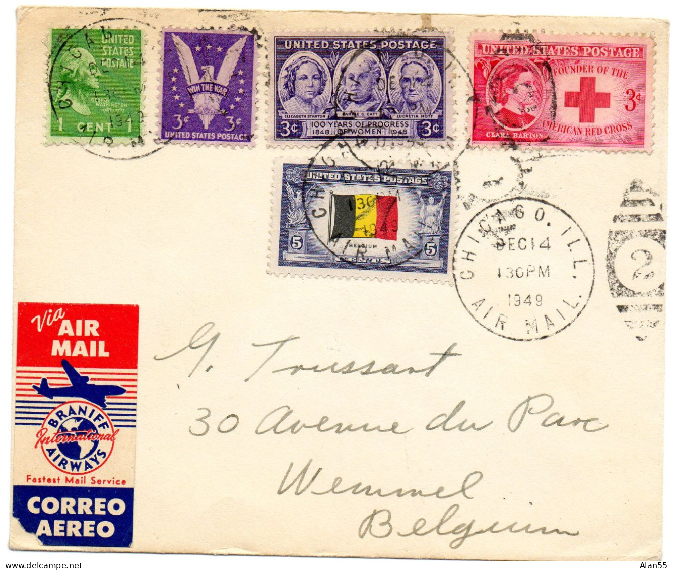 ETATS-UNIS.1949.  "CHICAGO AIR MAIL" Pour BELGIQUE.CROIX-ROUGE. - Covers & Documents