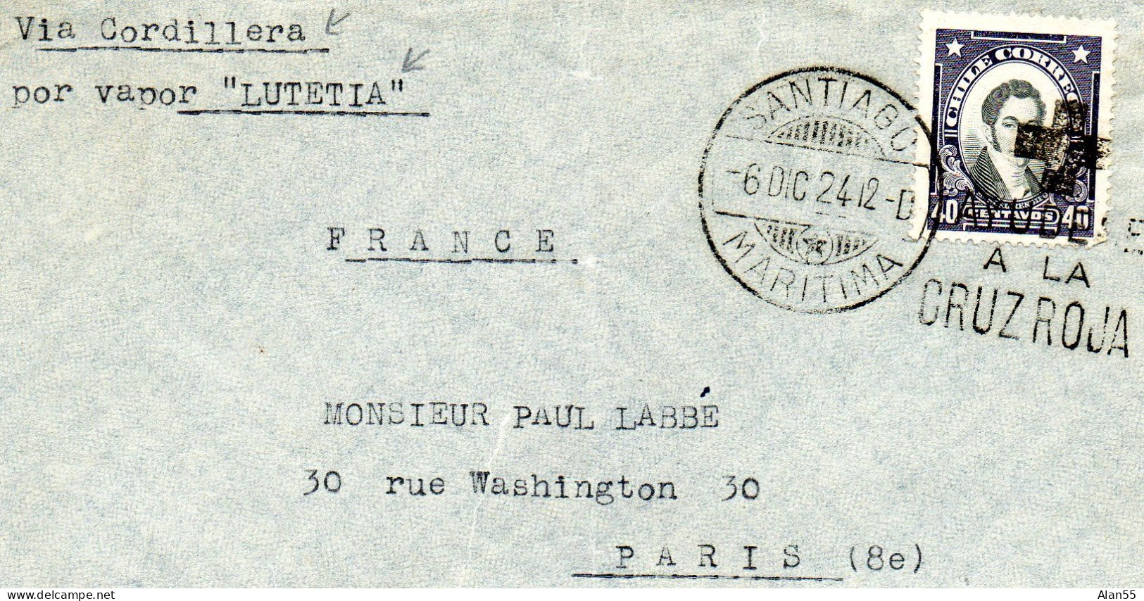 CHILI.1924.RARE OMEC CROIX-ROUGE. " . VAPOR LUTETIA" Pour FRANCE. - Chile