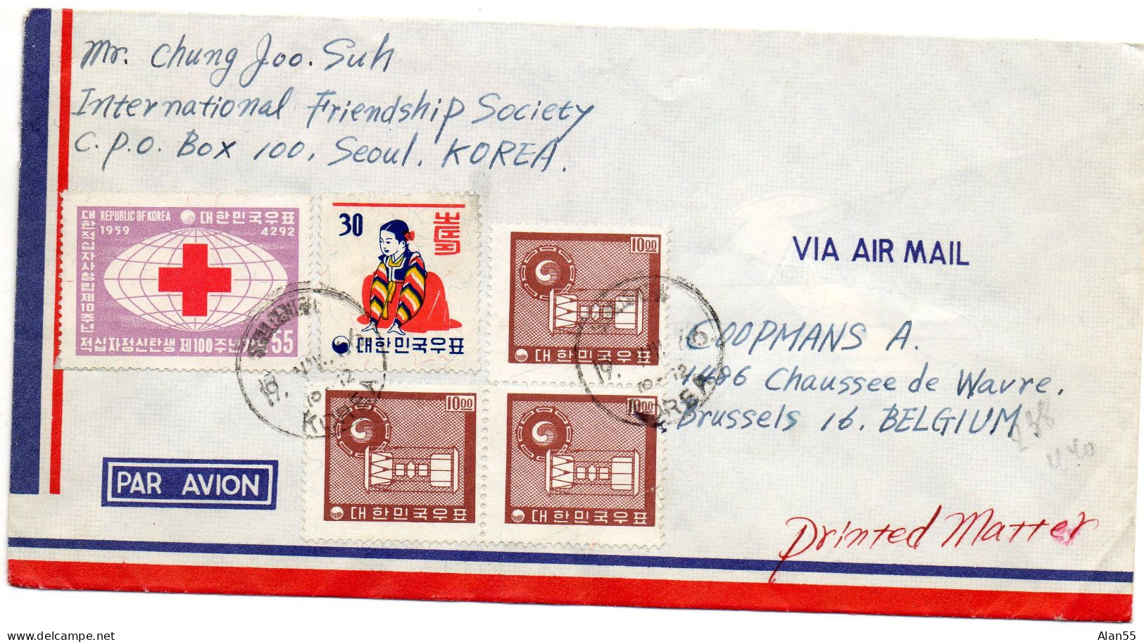 COREE.1959.LETTRE Pour BELGIQUE. CROIX-ROUGE... - Corea (...-1945)