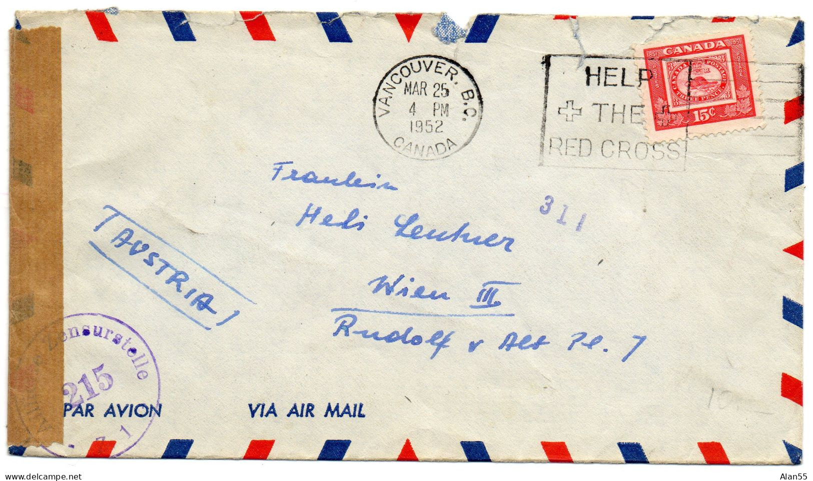 CANADA.1952. CENSURE.CROIX-ROUGE. LETTRE POUR AUTRICHE. - Briefe U. Dokumente