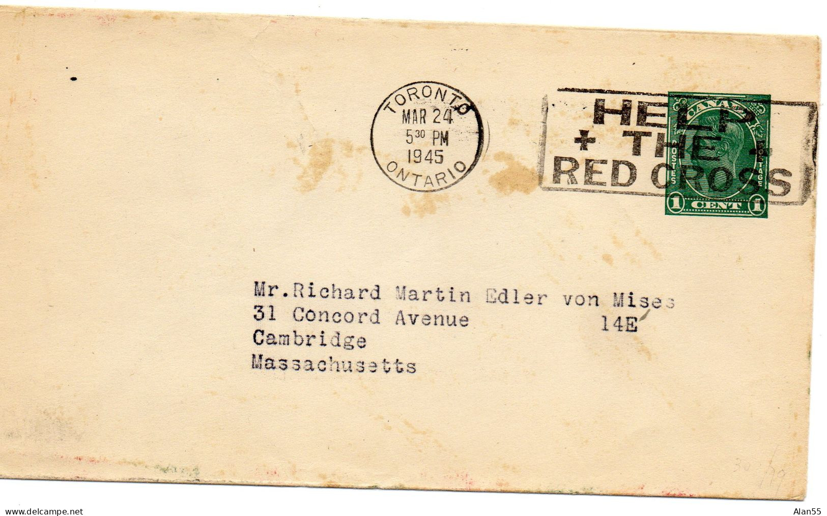 CANADA.1945.ENTIER POSTAL Pour USA. CROIX-ROUGE - Lettres & Documents