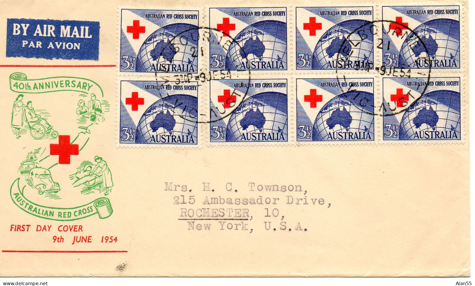 AUSTRALIE.1954.CROIX-ROUGE. FDC  POUR USA. - Lettres & Documents