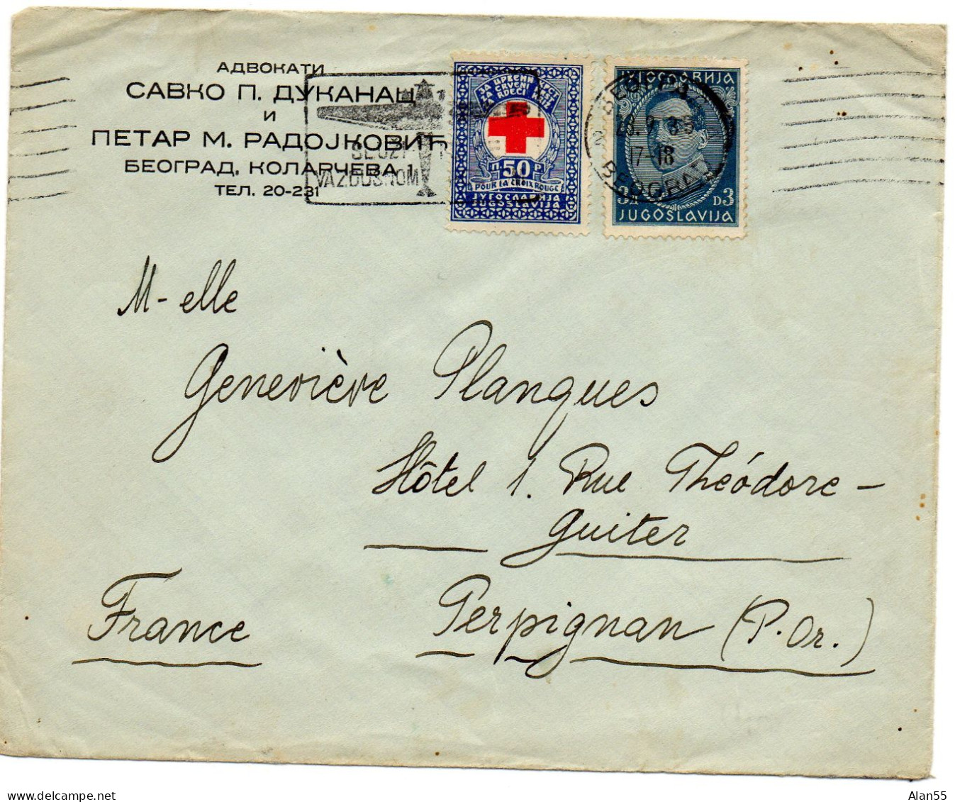 YOUGOSLAVIE.1939 .BIENFAISANCE . VIGNETTE "B1" CROIX-ROUGE. LETTRE Pour LA FRANCE - Brieven En Documenten