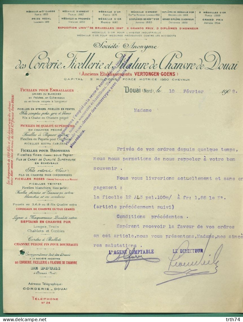 59 Douai Vertongen Goens Corderie Ficellerie Et Filature De Chanvre Lignes à Maquereaux 1908 - Old Professions