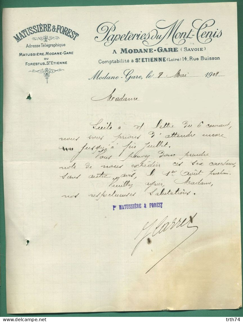 73 Modane Gare  42 Saint Etienne Matussiere Et Forest Papeterie Du Mont Cenis 8 Mai 1908 - Drukkerij & Papieren