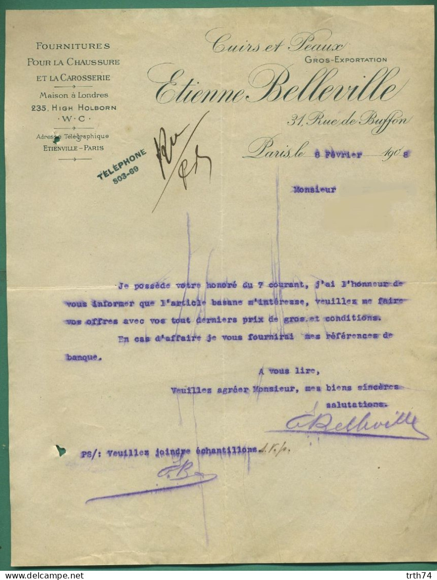 75 Paris Maison à Londres Belleville Etienne Cuirs Et Peaux Pour Chaussure Et Carrosserie 8 Février 1908 - Textile & Clothing