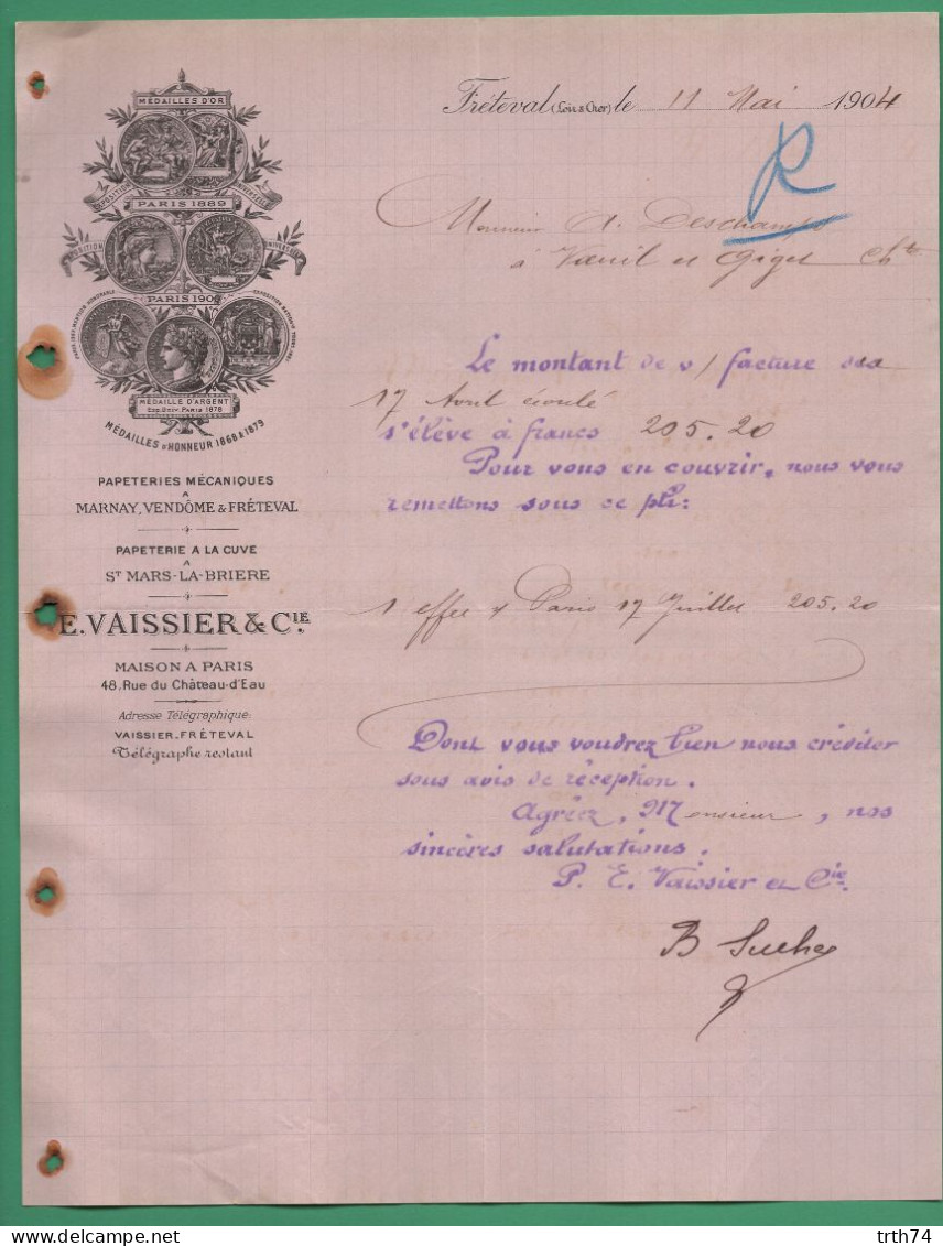 41 Fréteval 72 Saint-Mars-la-Brière Vaissier Papeteries Mécaniques 70 Marnay 41 Vendome ( Logo Médailles Or ) 1904 - Imprimerie & Papeterie