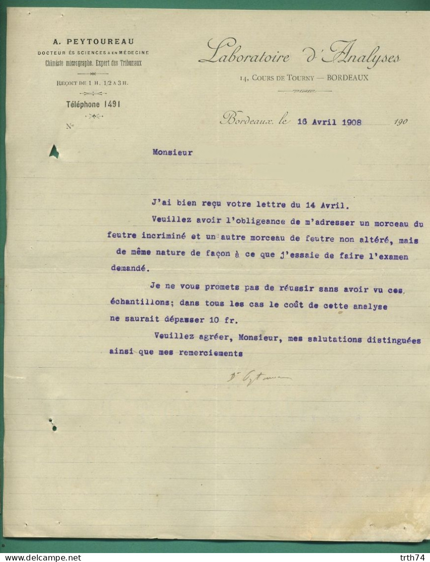 33 Bordeaux Peytoureau Laboratoire D' Analyse Chimiste Micrographe ( Filigrane Crown Mill Et Couronne ) 16 04 1908 - Food