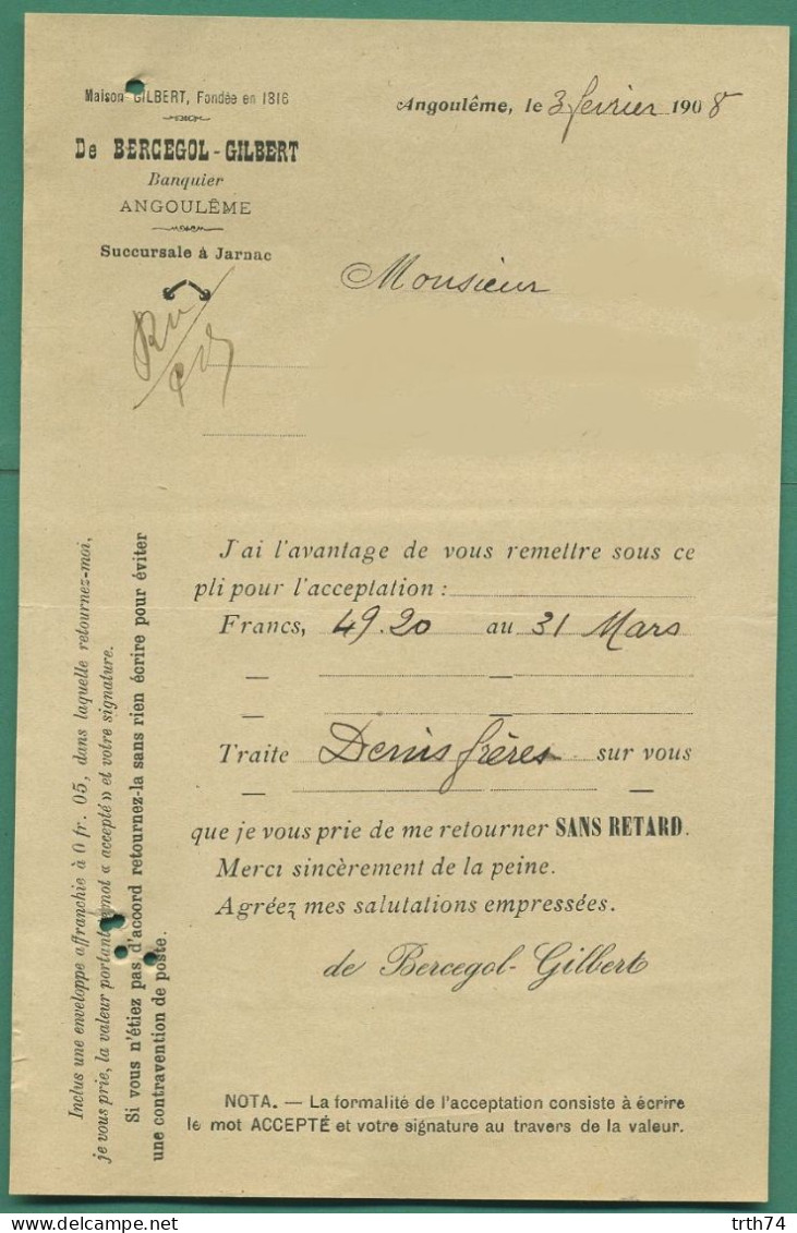 16 Angoulême Bergerol Gilbert Banquier Succursale à Jarnac 2 Février 1908 - Bank En Verzekering
