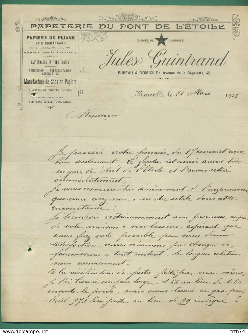 13 Marseille Guintrand Jules Papeterie De L' Étoile Cartonnage 21 03 1908 - Drukkerij & Papieren
