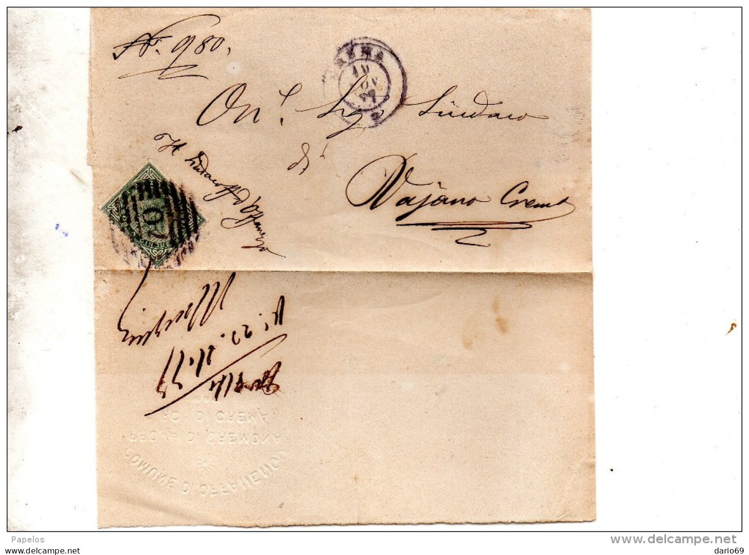 1877 LETTERA CON ANNULLO CREMA CREMONA - Storia Postale