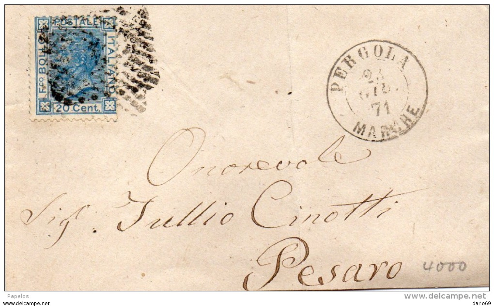 1871  LETTERA  CON ANNULLO PERGOLA PESARO - Storia Postale