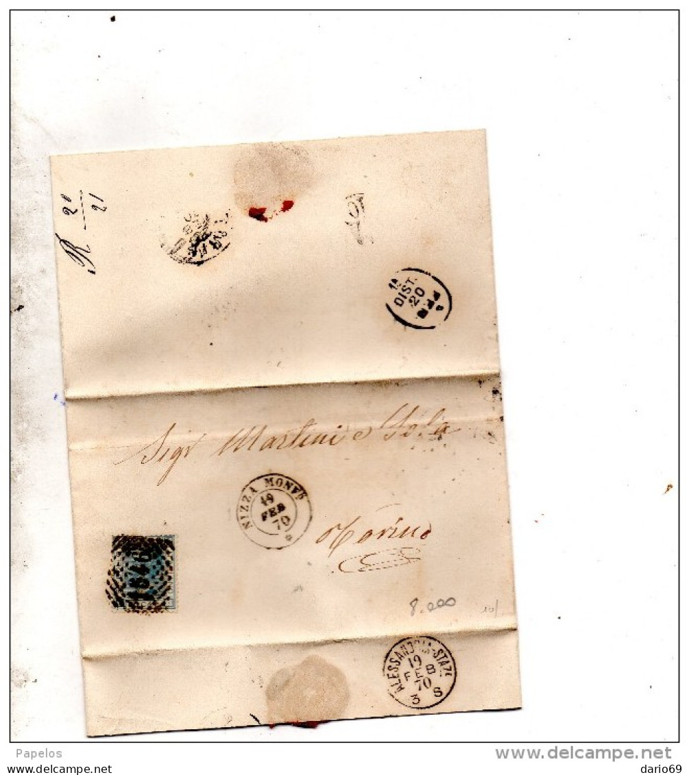 1870  LETTERA  CON ANNULLO NIZZA MONFERRATO + ALESSANDRIA STAZIONE - Storia Postale